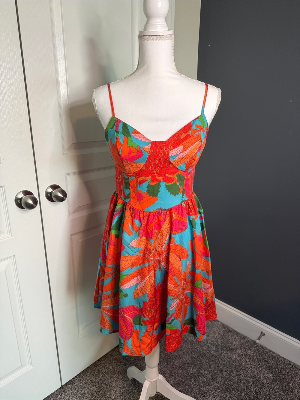 Vibrant Tropical Print Spaghetti Strap Dress - Red & Teal